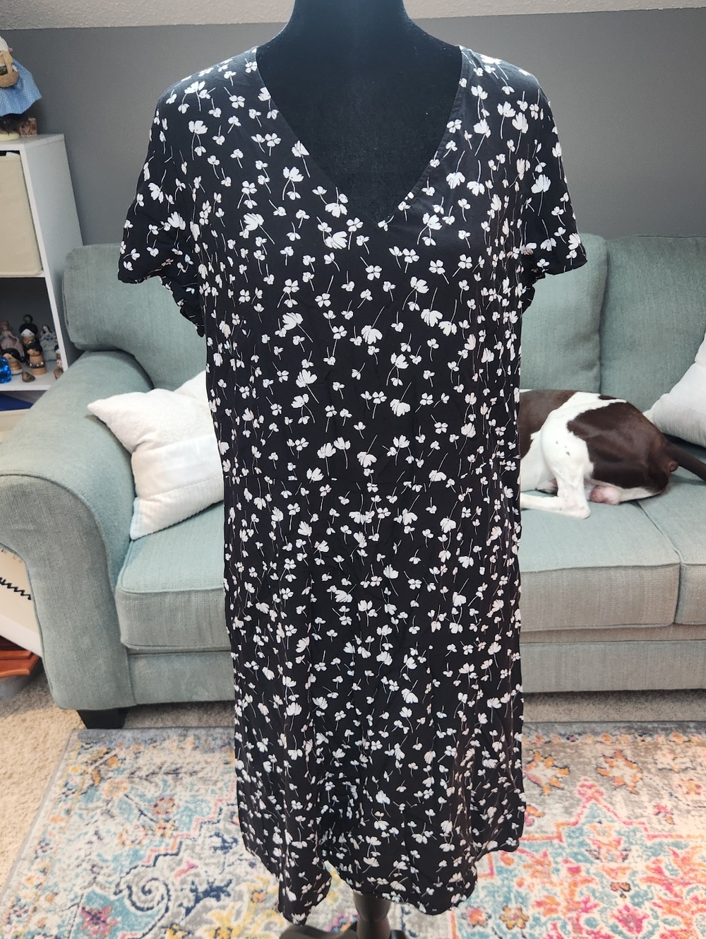 Old Navy Black Midi Dress with White Floral Print